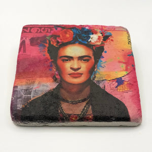 Vibrant Frida Kahlo artwork printed on square natural travertine stone coaster
