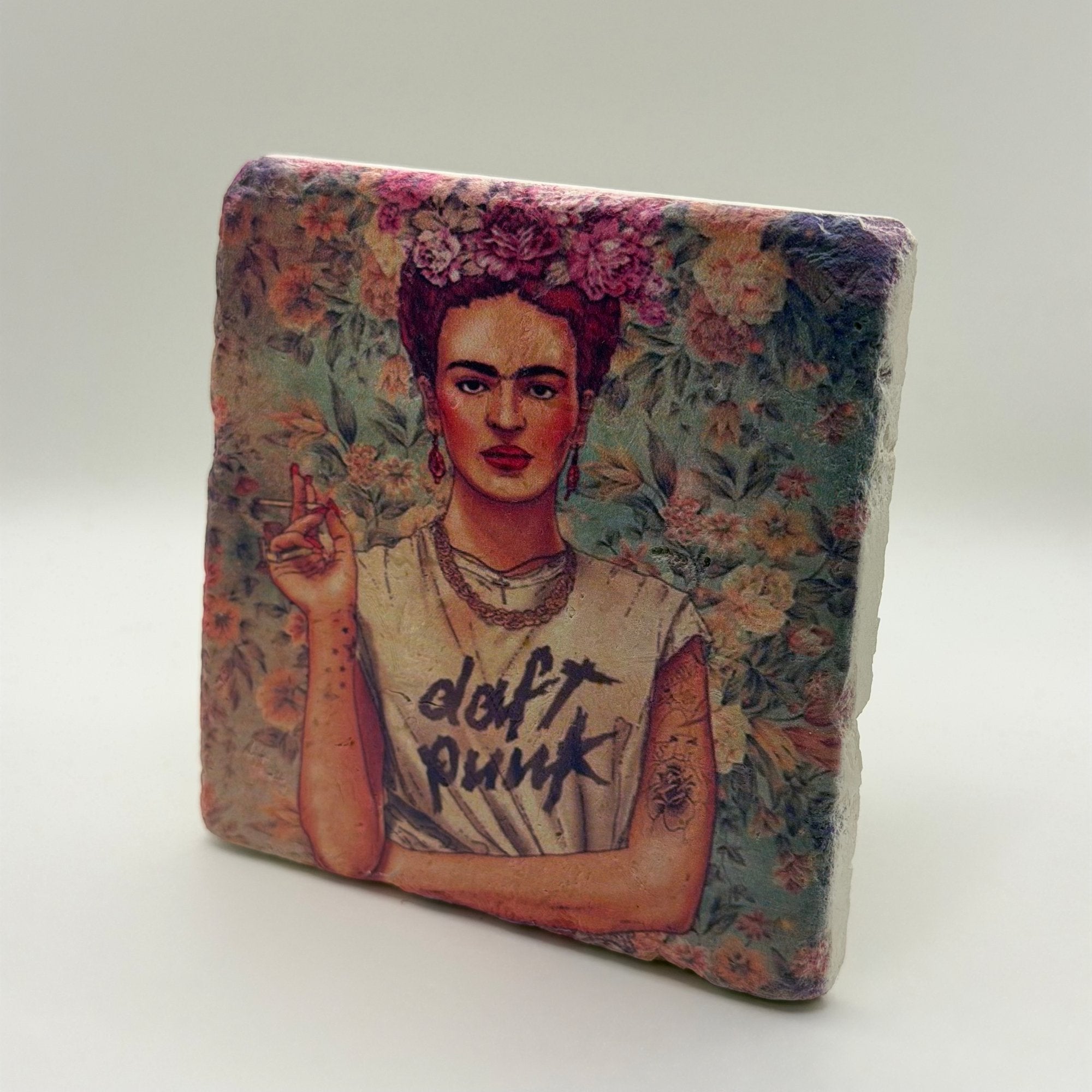 Frida Kahlo and Daft Punk artwork printed on square travertine stone coaster