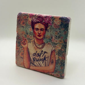 Frida Kahlo and Daft Punk artwork printed on square travertine stone coaster
