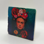 Frida Kahlo artwork printed on square travertine stone coaster