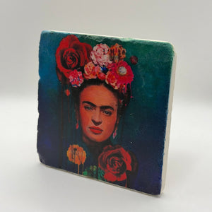Frida Kahlo artwork printed on square travertine stone coaster