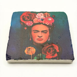 Frida Kahlo artwork printed on square travertine stone coaster