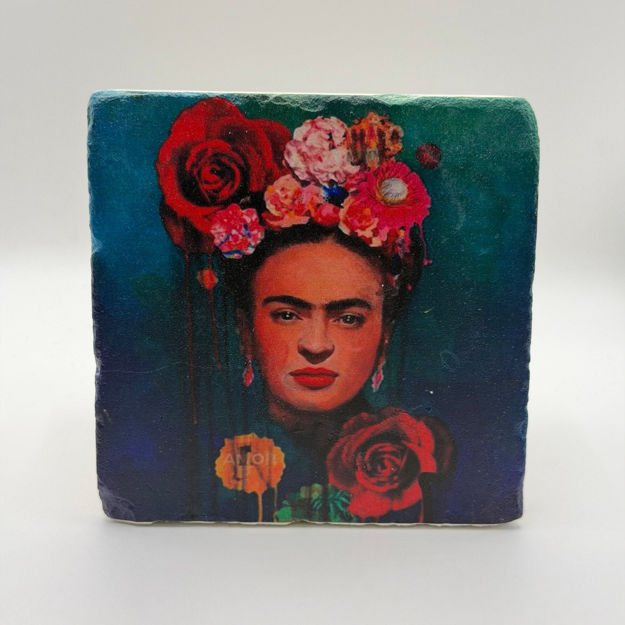 Frida Kahlo artwork printed on square travertine stone coaster