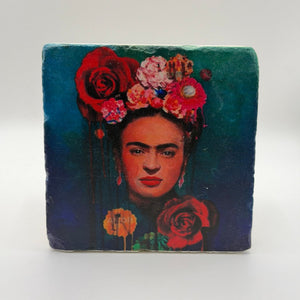 Frida Kahlo artwork printed on square travertine stone coaster