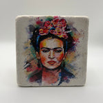 Frida Kahlo portrait printed on square travertine stone coaster