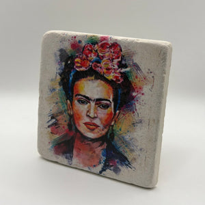 Frida Kahlo portrait printed on square travertine stone coaster