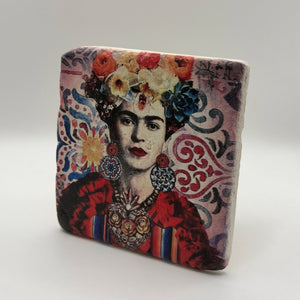 Frida Kahlo artwork printed on square travertine stone coaster