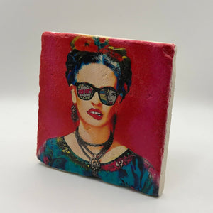 Frida Kahlo artwork printed on square travertine stone coaster