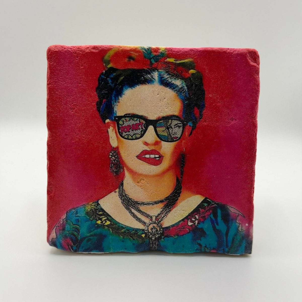 Frida Kahlo artwork printed on square travertine stone coaster