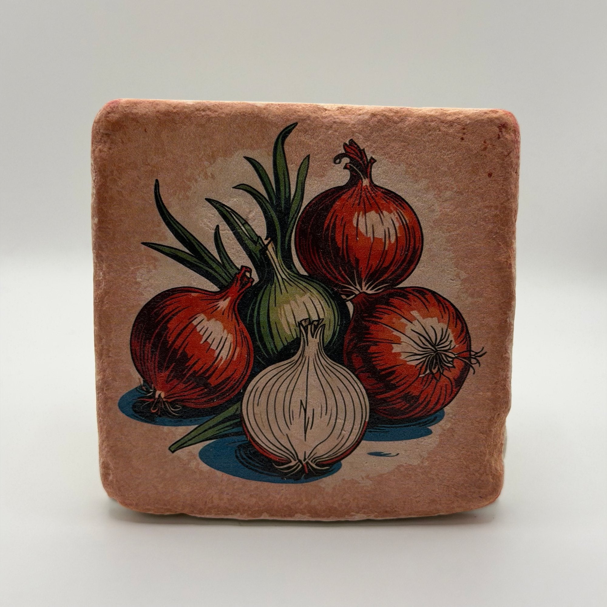 Vintage garlic artwork printed on square travertine stone coaster