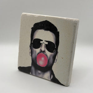 George Michael portrait printed on square natural travertine stone coaster