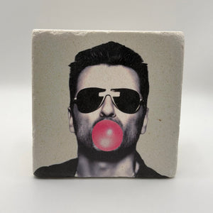 George Michael portrait printed on square natural travertine stone coaster