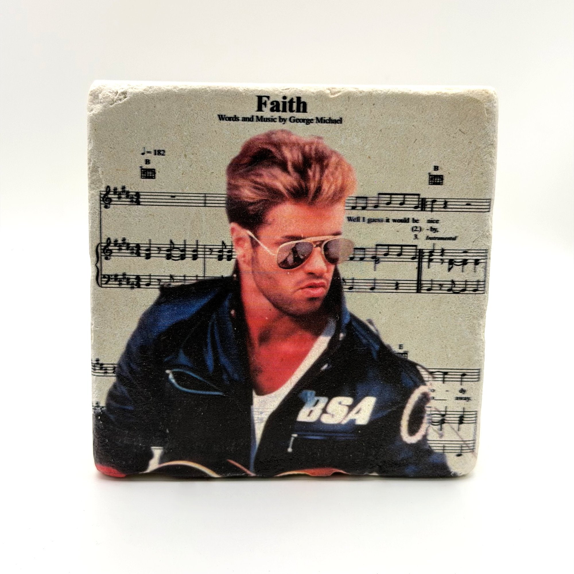 George Michael artwork from Faith album printed on square travertine stone coaster