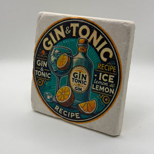 Gin and tonic artwork printed on square natural travertine stone coaster