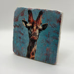 Giraffe portrait printed on square travertine stone coaster