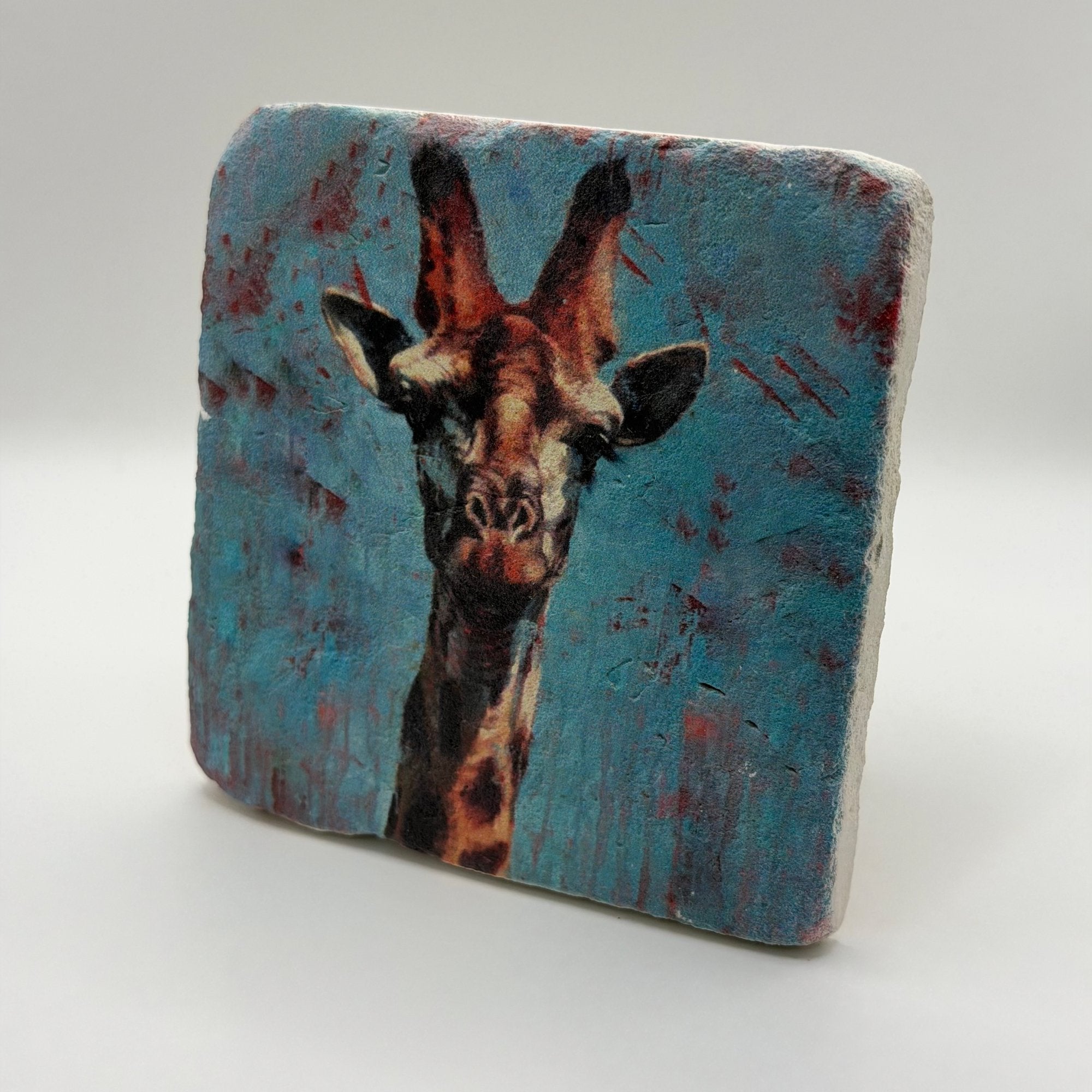 Giraffe portrait printed on square travertine stone coaster