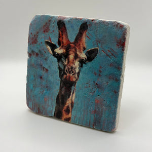Giraffe portrait printed on square travertine stone coaster