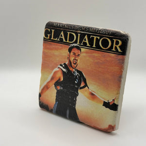 Gladiator artwork printed on square travertine stone coaster