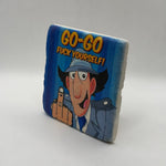 Humorous 'Go Go Fuck Yourself' slogan printed on square travertine stone coaster