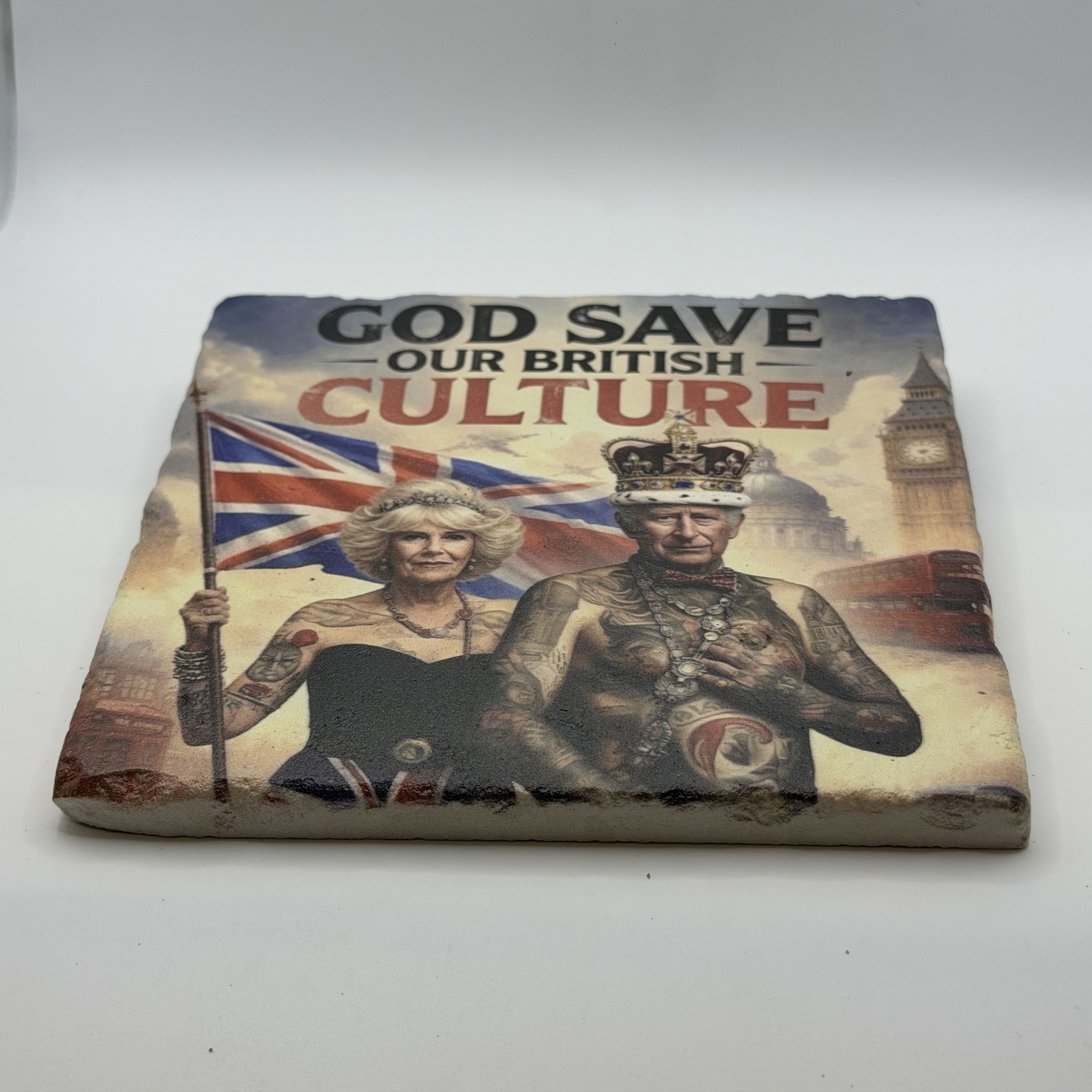 God Save Our British Culture Natural Travertine Stone Hotpad 2