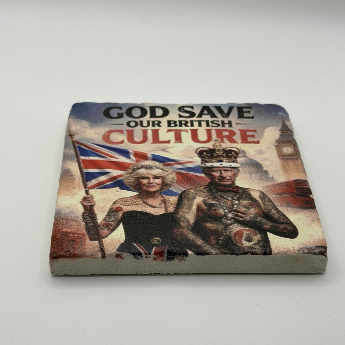 God Save The Queen Natural Travertine Stone Coaster artwork