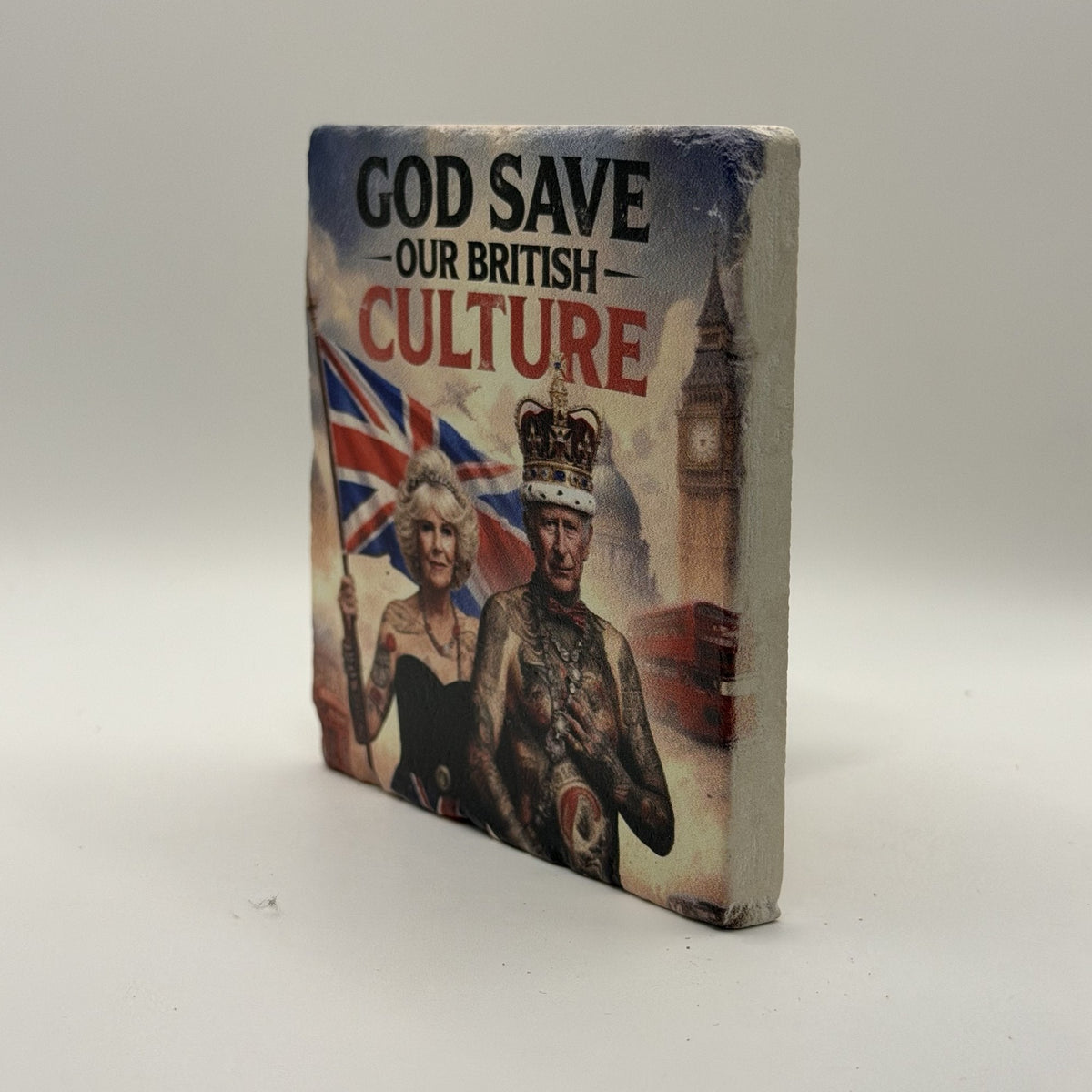 God Save The Queen Natural Travertine Stone Coaster artwork