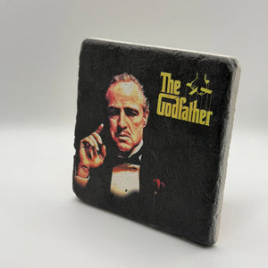 The Godfather artwork printed on square travertine stone coaster