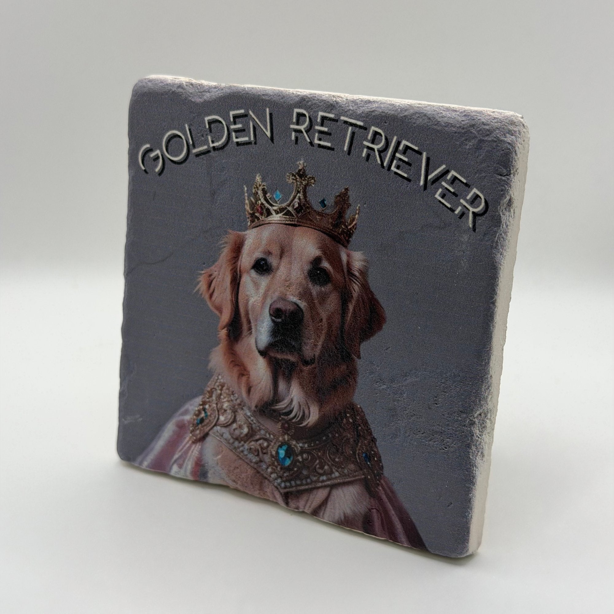 Golden Retriever portrait printed on square travertine stone coaster