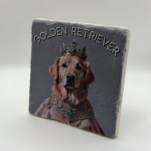Golden retriever artwork printed on square natural travertine stone coaster