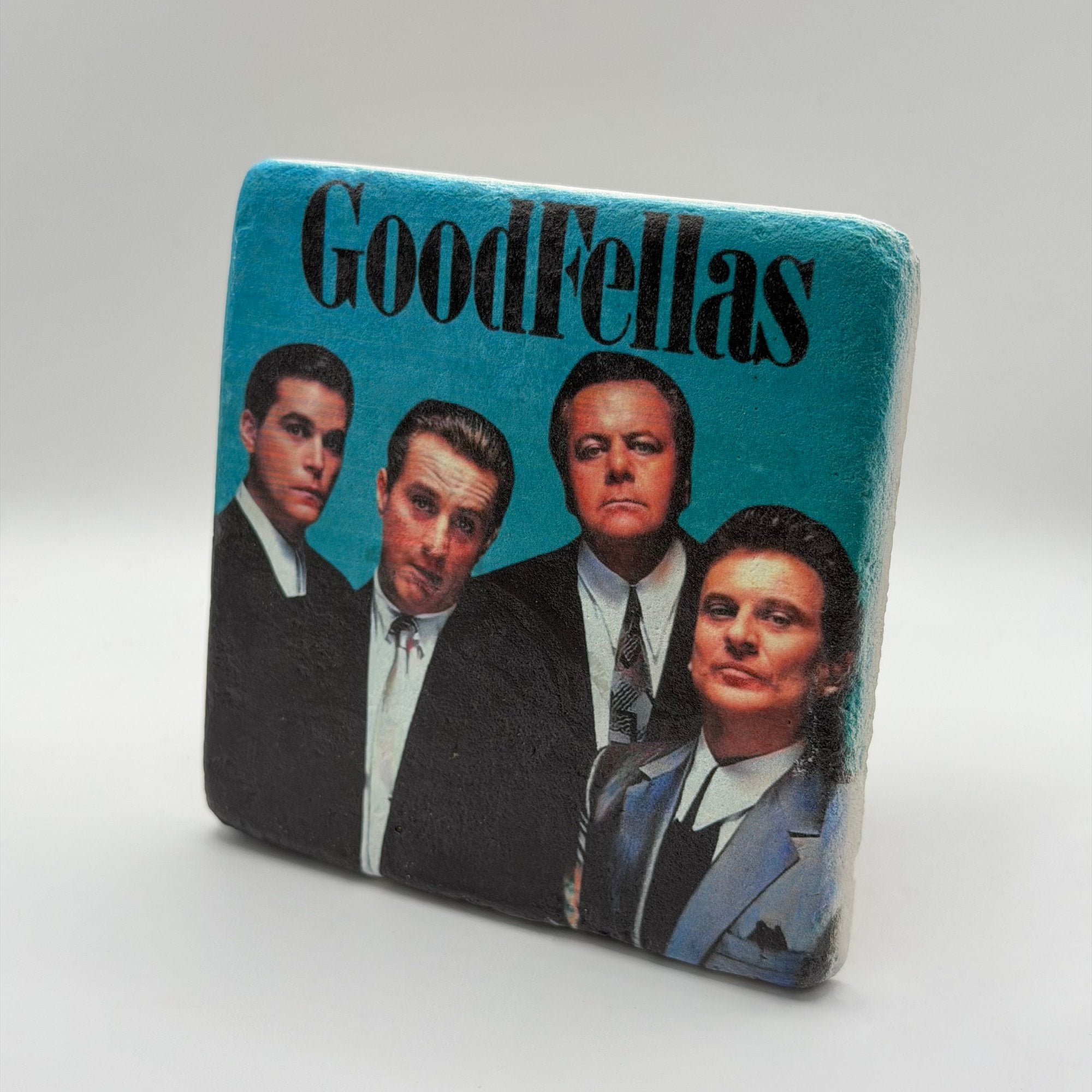 Goodfellas artwork printed on square travertine stone coaster