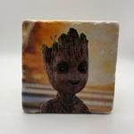 Groot artwork printed on square travertine stone coaster