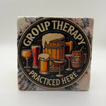 Comedic design featuring group therapy printed on square travertine stone coaster