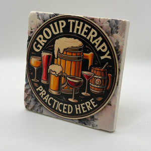 Comedic design featuring group therapy printed on square travertine stone coaster