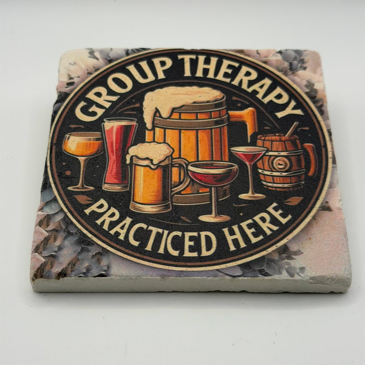 Comedic design featuring group therapy printed on square travertine stone coaster