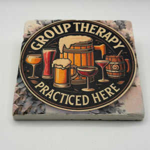 Comedic design featuring group therapy printed on square travertine stone coaster