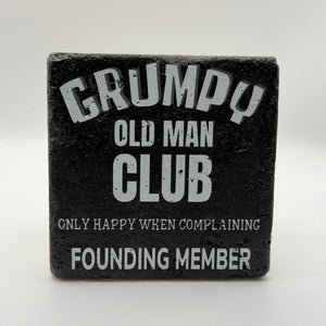 Grumpy Old Man logo printed on square travertine stone coaster