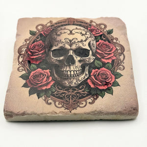 Grungy Skull Roses Stone Coaster