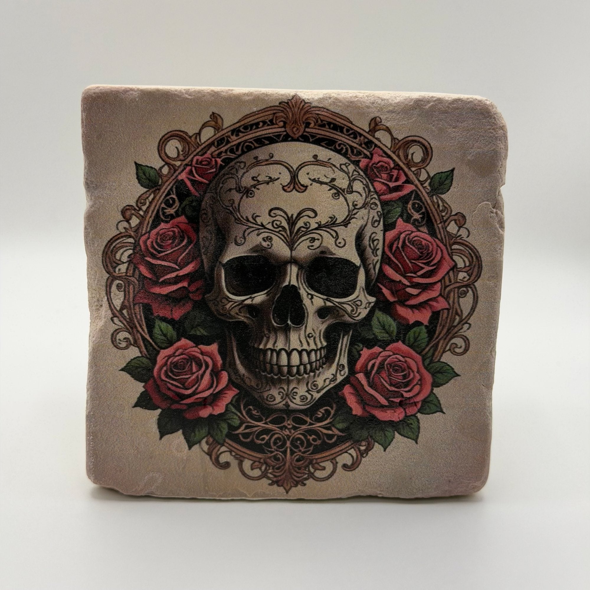 Grungy Skull Roses Stone Coaster