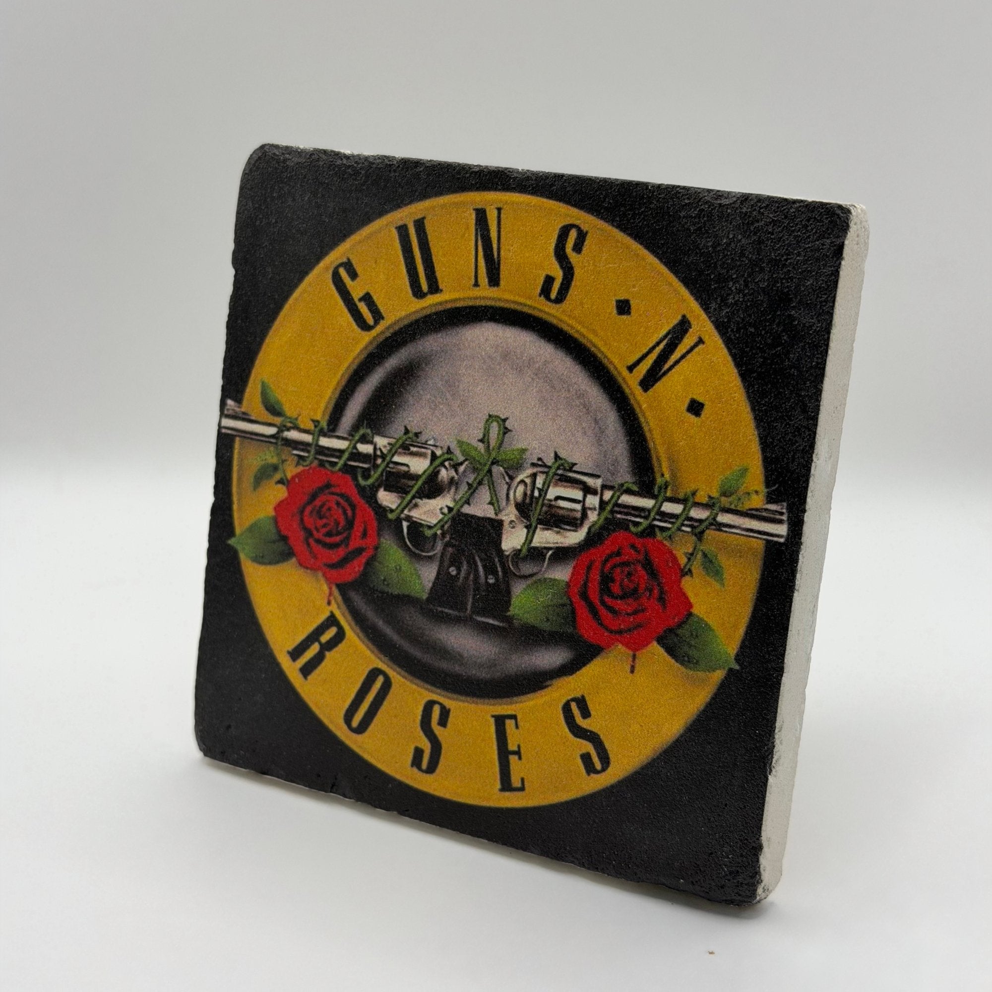 Guns N' Roses logo printed on square travertine stone coaster