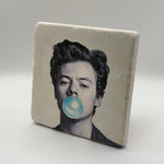 Harry Styles artwork printed on square travertine stone coaster