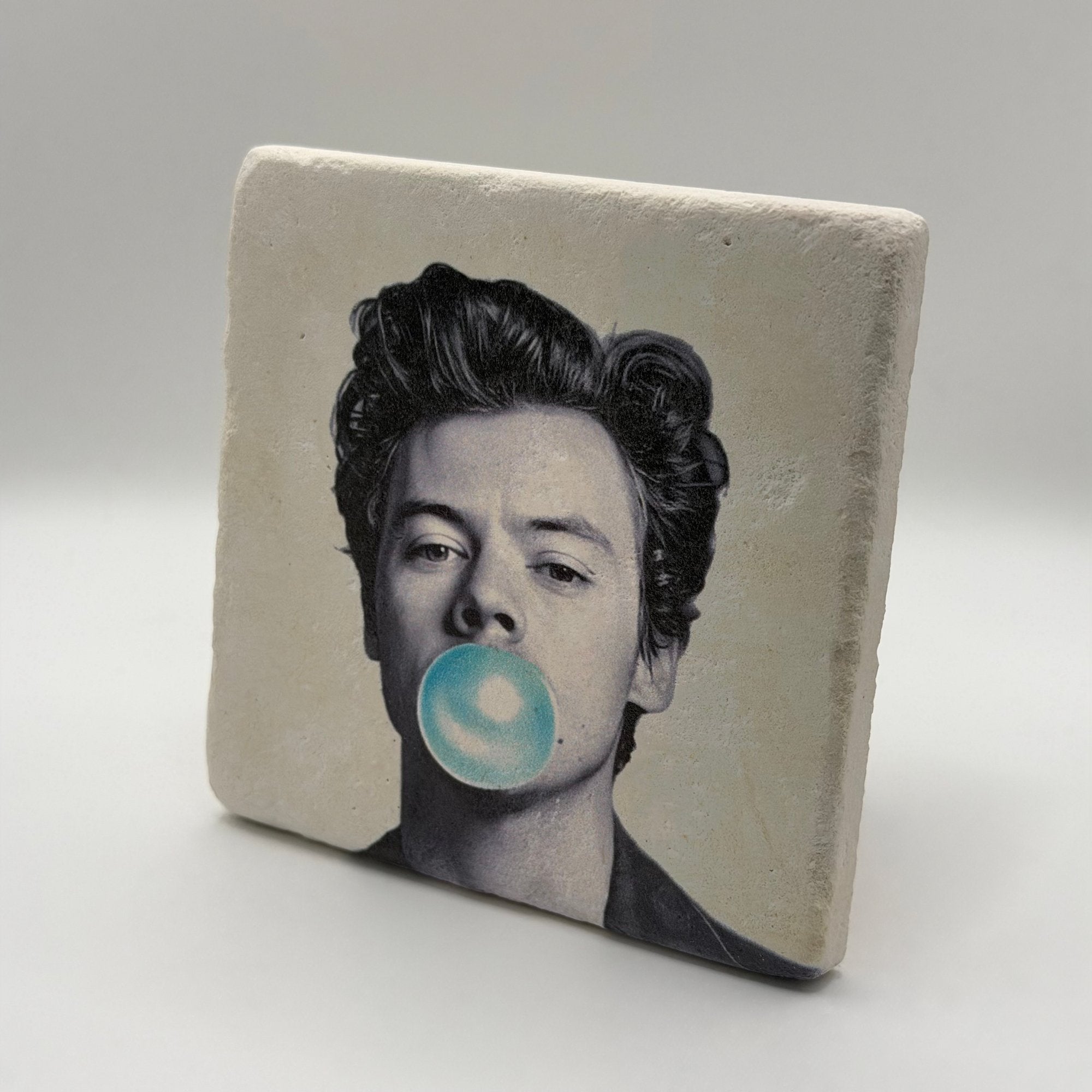 Harry Styles artwork printed on square travertine stone coaster