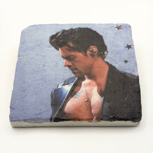 Harry Styles artwork printed on square travertine stone coaster