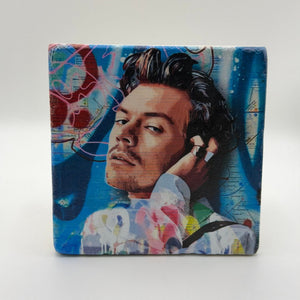 Harry Styles graffiti artwork printed on square travertine stone coaster