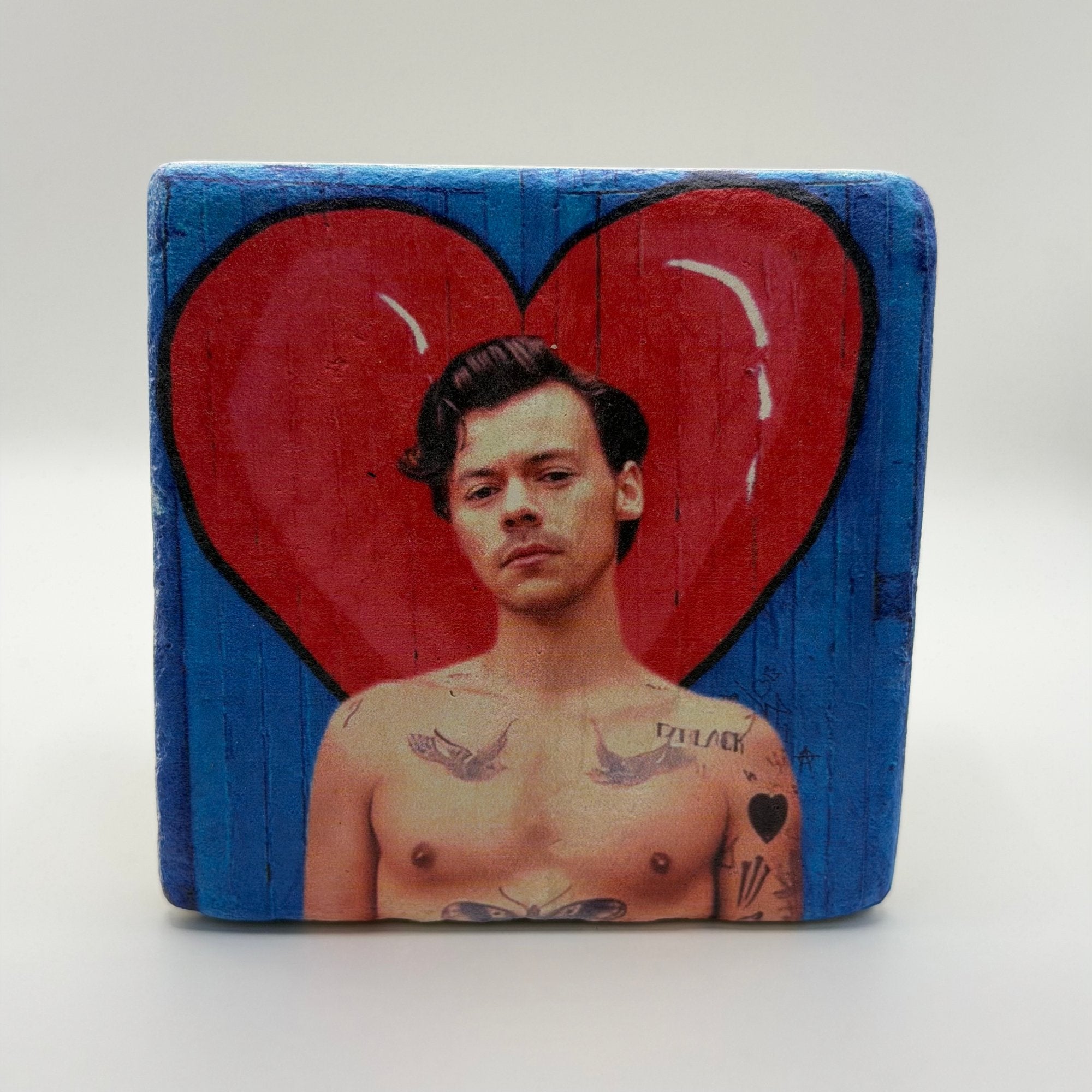 Harry Styles artwork printed on square travertine stone coaster