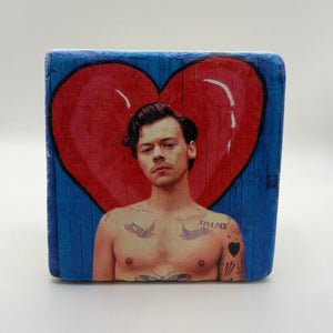 Harry Styles artwork printed on square travertine stone coaster