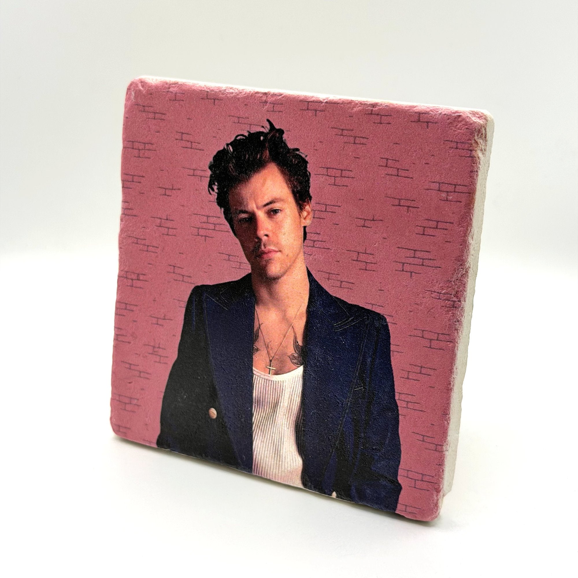 Harry Styles artwork printed on square travertine stone coaster