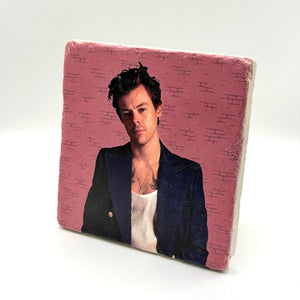Harry Styles artwork printed on square travertine stone coaster