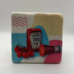 Heinz Ketchup label design printed on square travertine stone coaster