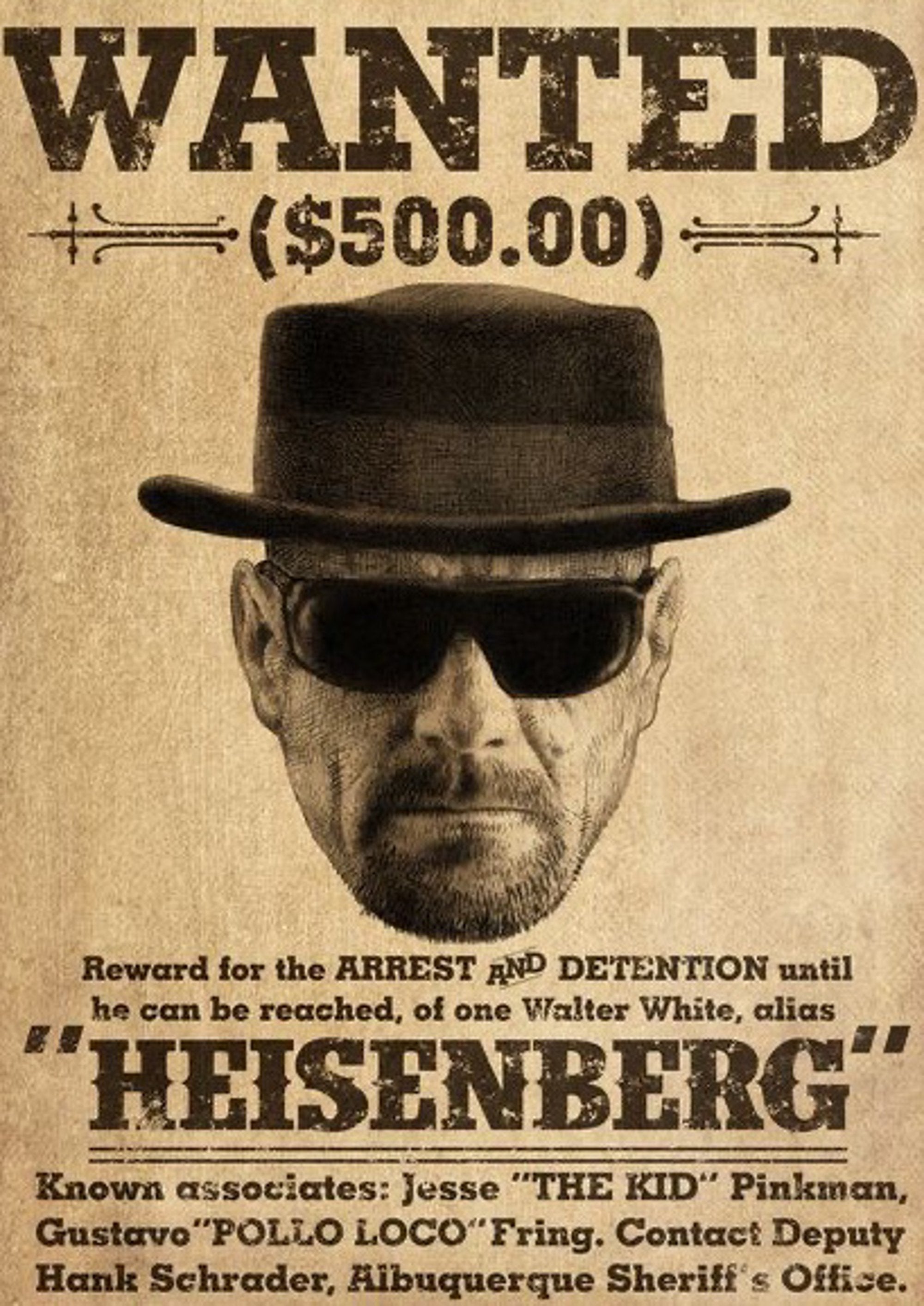 Heisenberg wanted poster artwork printed on MDF wall poster
