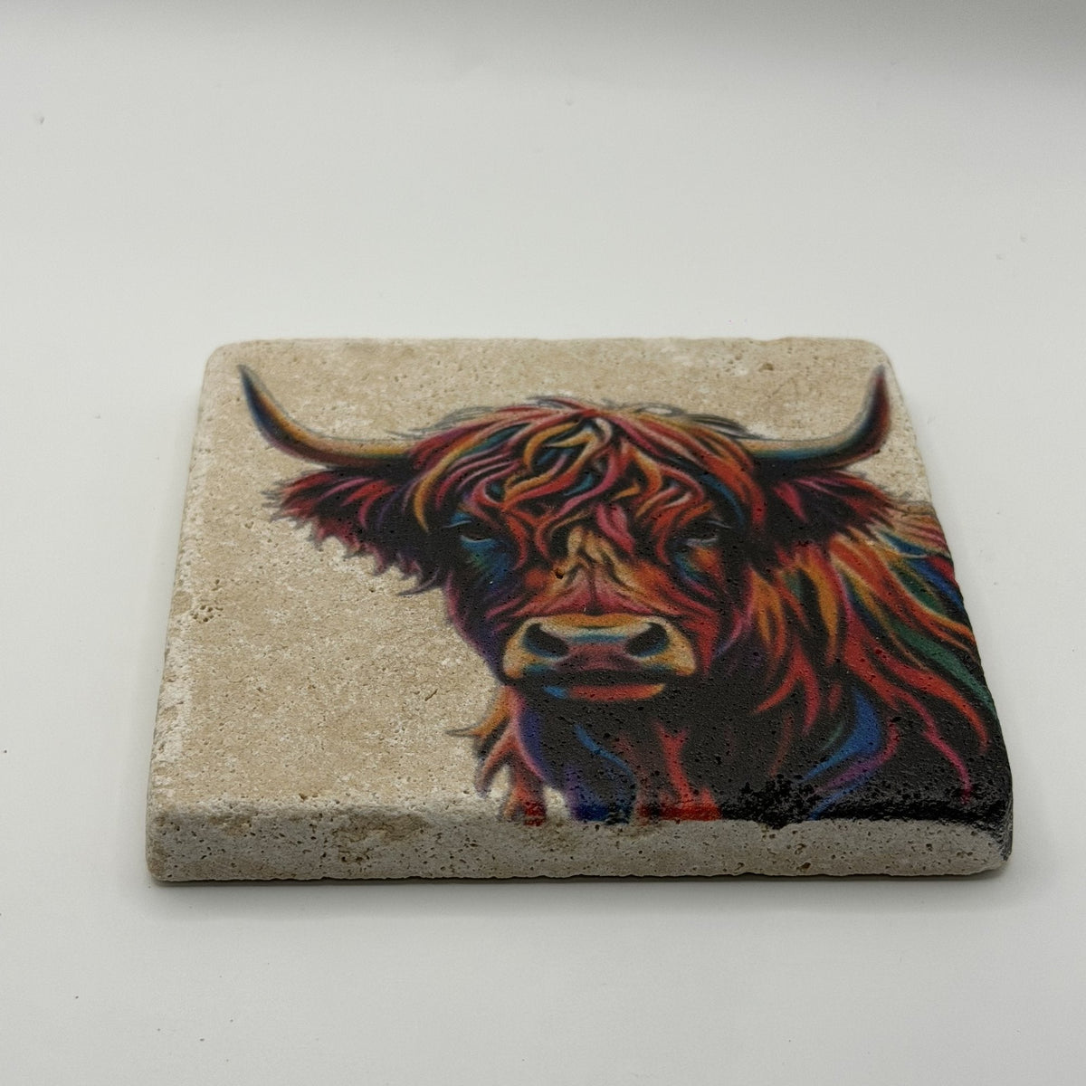 Highland Cow And Calf Natural Travertine Stone Coaster artwork